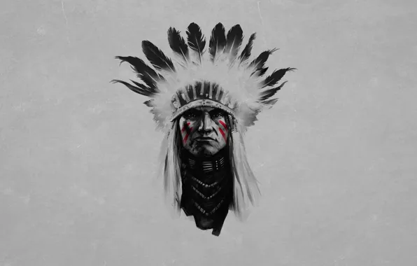 Picture black and white, feathers, serious, painting, Indian, red, stripes red, the leader