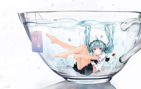 Picture water, girl, fish, anime, art, Cup, form, schoolgirl, vocaloid, hatsune miku, l.bou