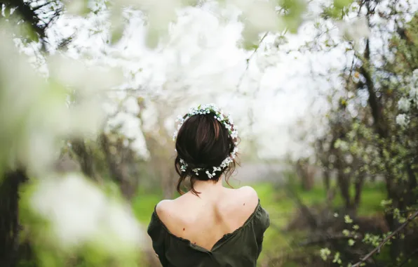 Picture girl, spring, flowering, wreath, Spring is here