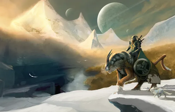 Picture snow, mountains, birds, river, weapons, planet, sword, armor, warrior, art, rider, shield, knight, Winter Knight