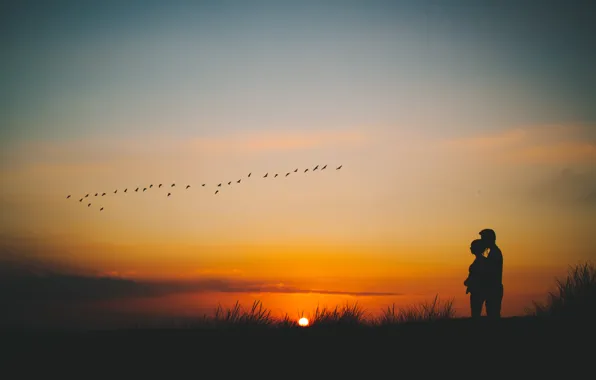 Picture the sky, the sun, clouds, sunset, pair, lovers, silhouettes