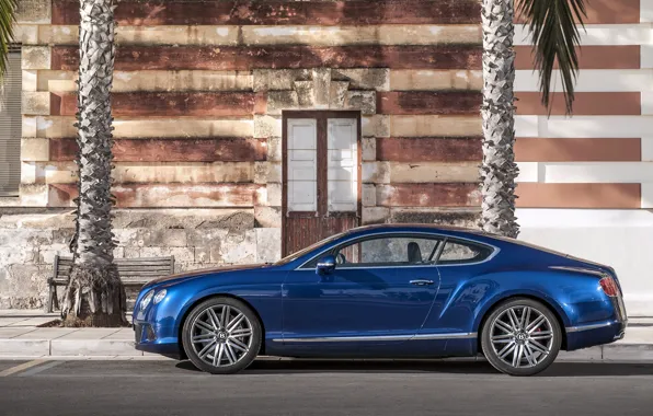 Picture Auto, Bentley, Continental, Blue, Machine, The door, Day, The building, Speed, Coupe, Side view