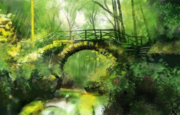 Picture greens, forest, bridge, nature, art, Antonio Rodriguez Pacheco