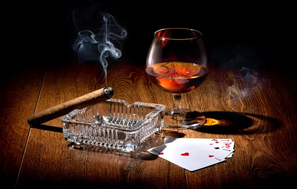 Picture card, light, table, wine, smoke, glass, cigar, twilight, aces, ashtray