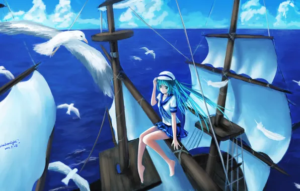 Picture the sky, girl, clouds, the ocean, ship, height, seagulls, anime, art, vocaloid, hatsune miku, sombernight