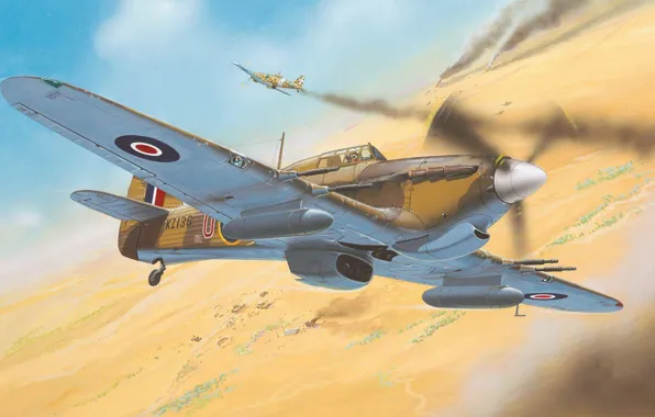 Picture war, desert, figure, fighter, art, Hawker, Hurricane Mk II