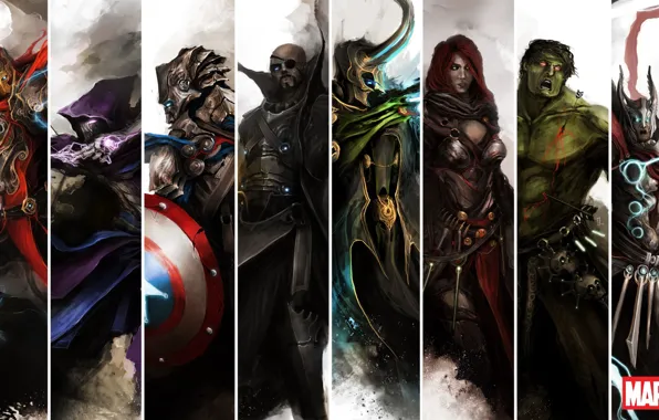 Picture iron man, Hulk, Thor, captain America, the Avengers, avengers, black widow, Hawkeye, nick fury, Loki