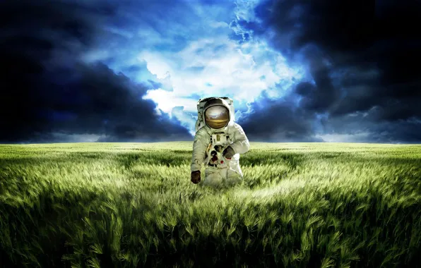 Picture field, the sky, grass, clouds, blue, reflection, planet, the situation, the suit, meadow, green, Astronaut