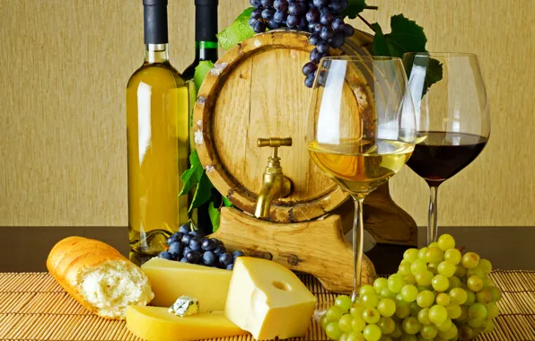 Picture table, wine, red, white, crane, cheese, glasses, bread, grapes, bottle, baguette, bunches, barrel
