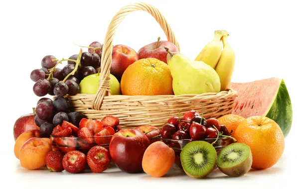 Picture berries, apples, oranges, watermelon, kiwi, strawberry, grapes, bananas, fruit, basket, pear, cherry, apricots