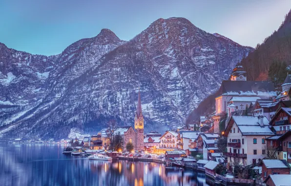 Picture winter, mountains, lake, home, Austria, Alps, Austria, Hallstatt, Alps, Lake Hallstatt, Hallstatt, Lake Hallstatt