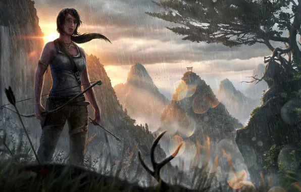 Picture girl, the sun, mountains, rain, Asia, waterfall, bow, art, arrow, Tomb Raider, lara croft