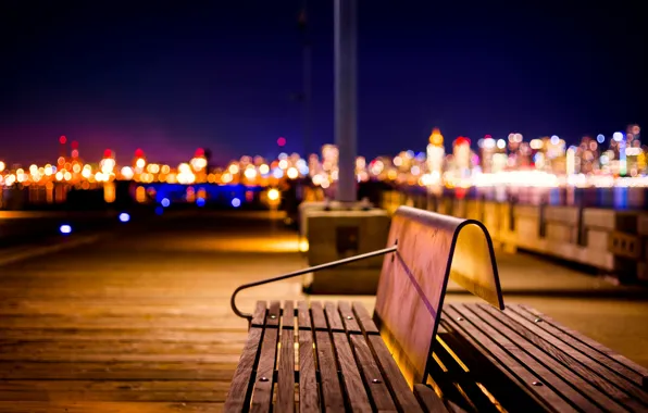 Picture light, night, the city, lights, pier, Canada, benches, bokeh, British Columbia, North Vancouver