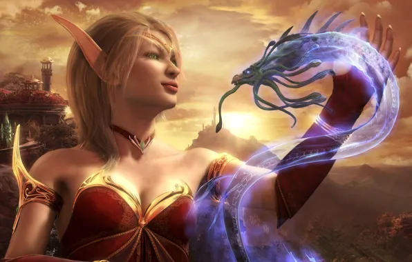 Picture rendering, dragon, elf, Blood Elf, World Of Warcraft