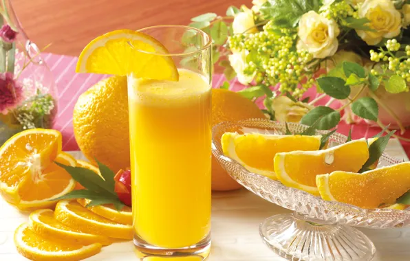 Picture flowers, glass, oranges, juice