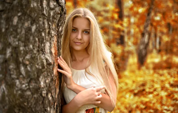 Picture autumn, look, leaves, girl, face, sweetheart, model, portrait, dress, blonde, light, golden, beautiful, nature, young, …