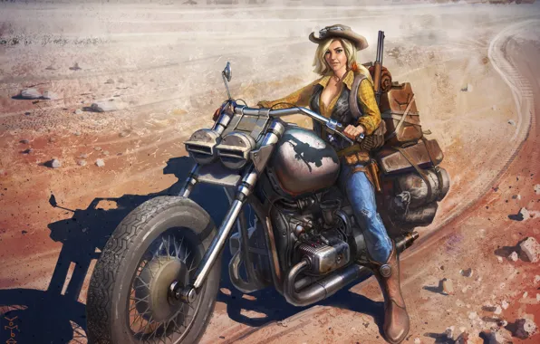 Picture look, girl, hat, boots, art, motorcycle