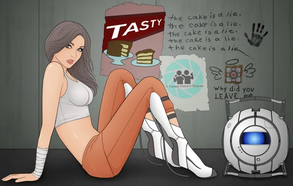 Picture look, girl, labels, wall, the game, robot, hand, portal, sitting, Whitley, chell
