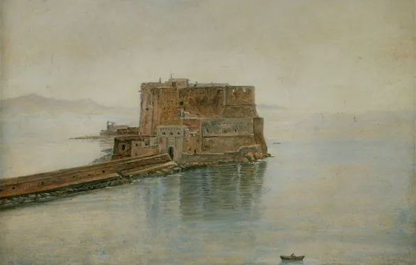 Picture sea, landscape, tower, picture, Fort, fortress, Castel Dell'ovo in Naples, Carl Gustav Carus