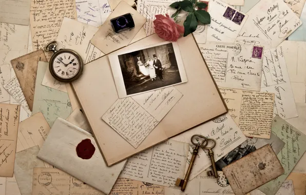 Picture watch, rose, old, photos, keys, vintage, vintage, the envelope, letters, cards