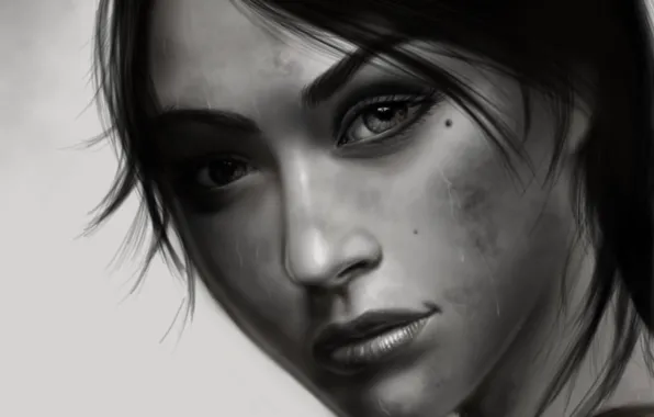Picture eyes, look, girl, face, background, hair, black and white, art, Tomb Raider, lara croft