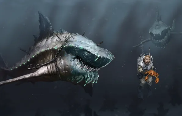 Picture sea, people, crab, predators, art, chain, sharks, under water, hunger, hook, scuba, Megalodon