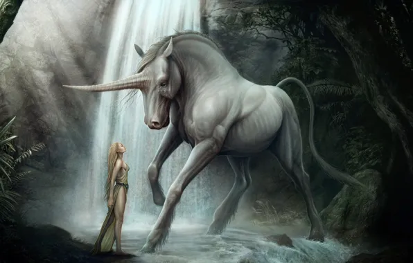 Picture forest, girl, horse, waterfall, art, unicorn, horn, kenbarthelmey