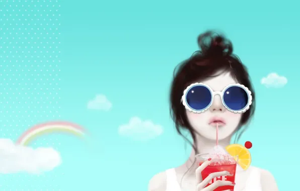 Picture the sky, girl, clouds, reverie, lemon, rainbow, cocktail, tube, hairstyle, Enakei, sunglasses