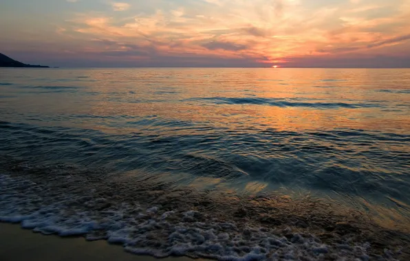 Picture the sun, sunset, shore, Sea, calm