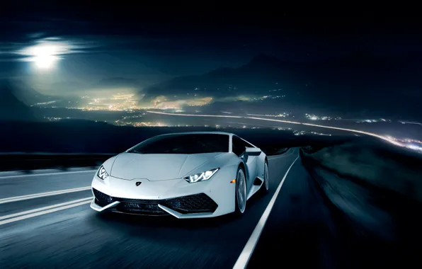 Picture night, movement, Lamborghini, horizon, white, front, LP 610-4, Huracan, Ronaldo Stewart, LB724