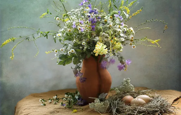 Picture summer, chamomile, eggs, bouquet, texture, socket, pitcher, cornflower, wildflowers, snapdragons, yarrow