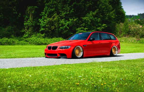 Picture BMW, Red, Grass, Green, Color, Stance, Low, E91