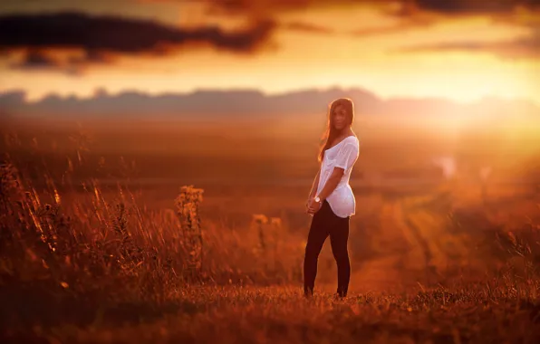 Picture Girl, Light, Sky, Model, Sun, Sunset, Summer, Field, Pretty, Hair, Young, Down, Goes