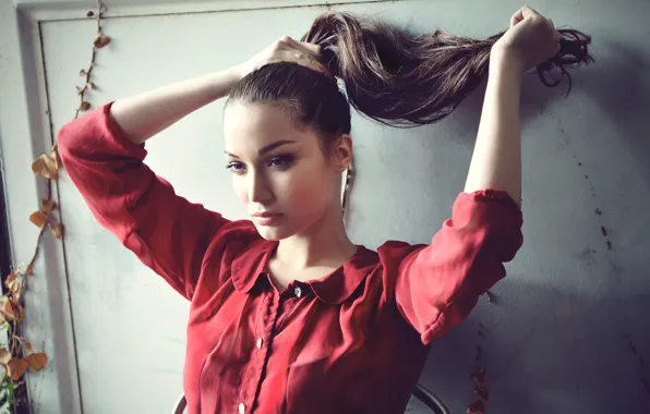 Picture look, girl, hair, makeup, brunette, tail, blouse