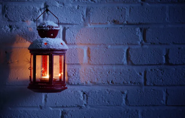 Picture winter, snow, night, wall, fire, candle, brick, lantern