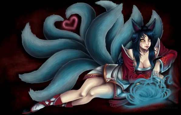 Picture chest, look, girl, magic, Fox, heart, ears, art, lying, league of legends, tails, ahri, c96kie