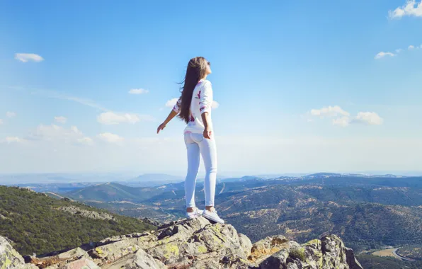 Picture the sky, girl, clouds, pose, the wind, hair, mountain, jeans, horizon, is