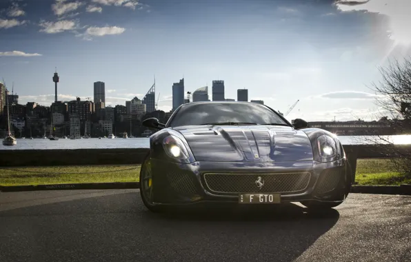 Picture sea, city, the city, building, home, black, before, Ferrari, is, Ferrari, drives, black, 599, GTO, …