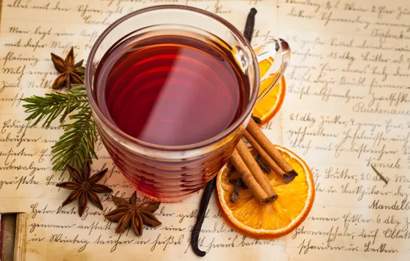 Picture tea, orange, Cup, drink, cinnamon, vanilla, spices, star anise, Anis, mulled wine