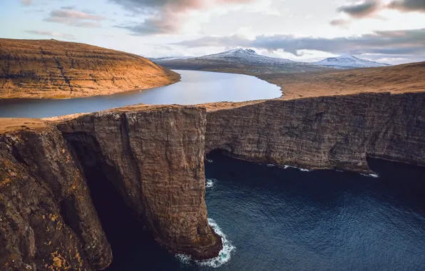 Picture sea, the sky, clouds, mountains, river, the ocean, rocks, Faroe Islands