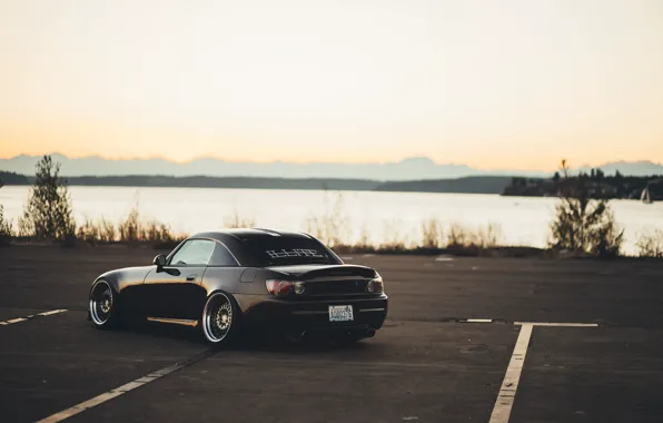 Picture sunset, lake, wheel, Parking, Honda, S2000, the exhaust gases