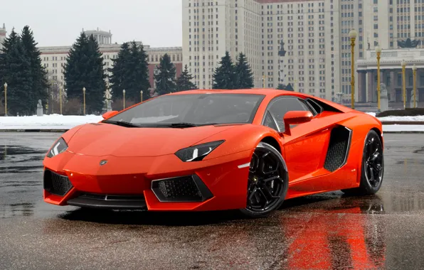 Picture orange, the building, ate, supercar, front view, Lamborghini, lamborghini lp700-4 aventador, agotador