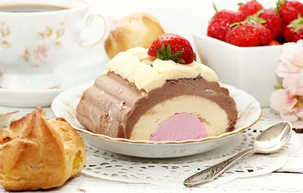 Picture berries, strawberry, spoon, ice cream, Cup, sweets, cake, dessert, cakes, sweet, profiteroles