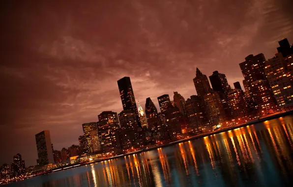 Picture night, the city, lights, river, skyscrapers, Manhattan, New York, Manhattan, NYC