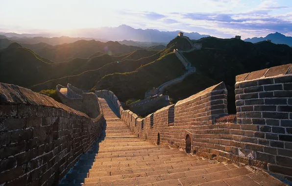 Picture the sun, light, landscape, mountains, hills, monument, China, The great wall of China