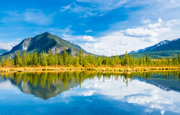 Picture autumn, the sky, trees, mountains, lake, Canada, Albert, Banff National Park, minnewanka lake