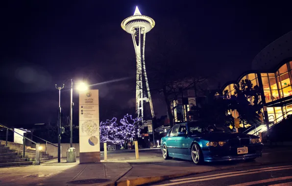 Picture night, the city, lights, bmw, BMW, Boomer, e38, Seattle, 750il