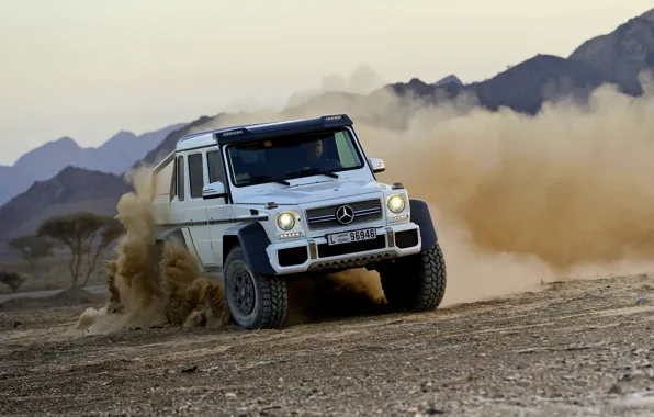 Picture Mercedes-Benz, Dust, White, Skid, Jeep, AMG, G63, The front, 6x6