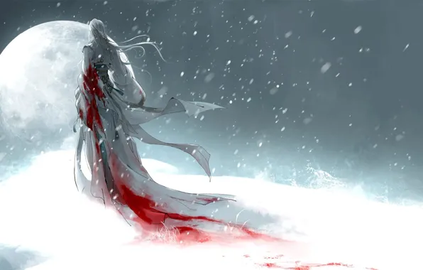 Picture girl, snow, the moon, blood, art, heise