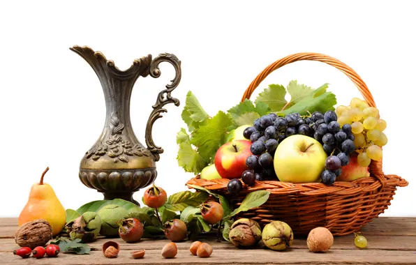 Picture table, basket, apples, briar, grapes, pear, pitcher, fruit, nuts, still life